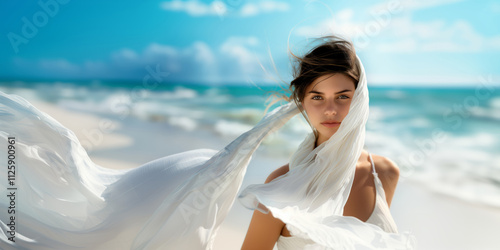 Young woman posing on a tropical beach with flowing white fabric, enjoying the wind and sun photo