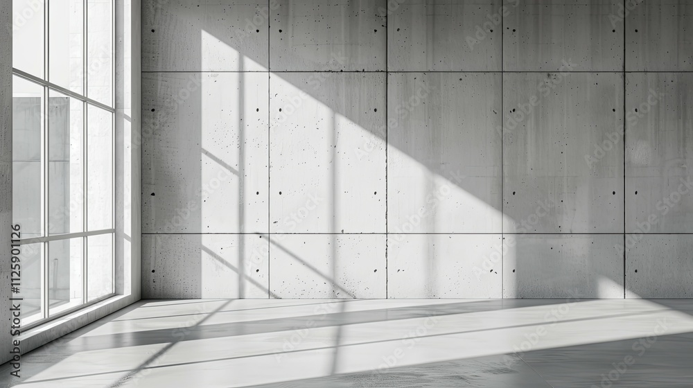 Fototapeta premium Sunlit Minimalist Concrete Room with Large Window and Paneled Wall