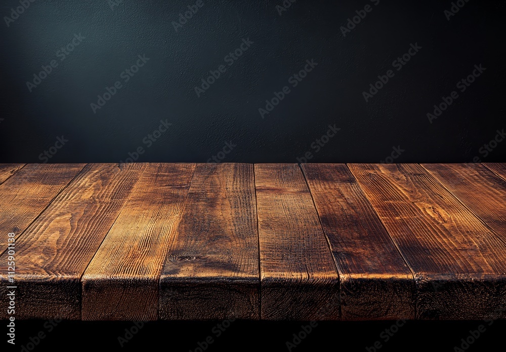 Dark rustic wooden table against a black background. Dark rustic wooden table against a black background.