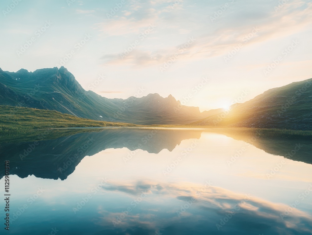 serene mountain landscape reflecting in calm water at sunset