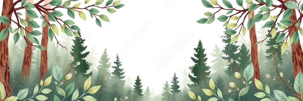 Obraz premium Woodland themed hand drawn watercolor rectangular frame with forest leaves for greeting cards and invitations, frame, hand drawn