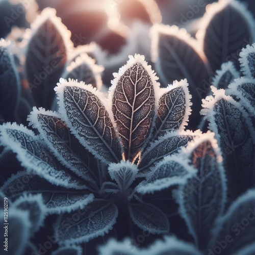 Frosted Leaves Leaves covered in a delicate layer of frost captu photo