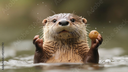 A playful otter holding a pebble while floating on its back in a calm river