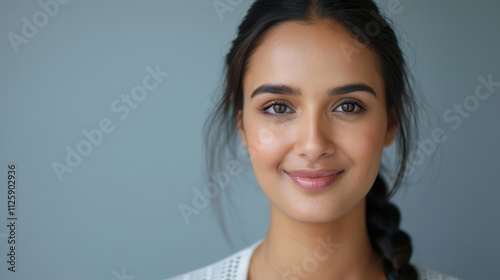 Close-up portrait of an Indian woman with braided hair, wearing a modern outfit and subtle makeup, posing elegantly against a simple background, radiating confidence and a warm smile.