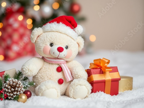 Young girl in a Santa hat whispering a secret to her teddy bear toy, stuffed animal, festive