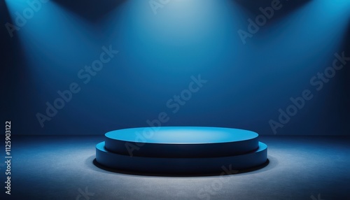 Blank blue product stand with neon lights on pastel blue and white background 3d rendering blue neon