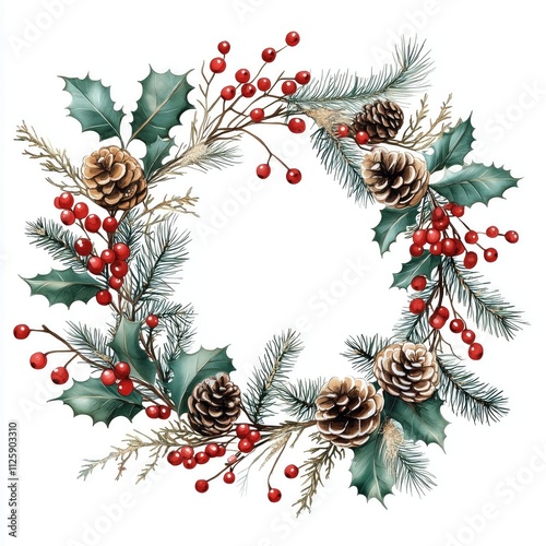 Christmas Wreath Holiday Decoration, Isolated Festive Object, Pinecones Holly Berries Garland on White Background