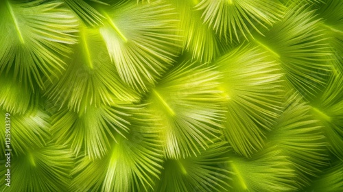 44.Delicate green leaves of Myriophyllum aquaticum displayed in a pattern, each leaf finely textured like a parrotâ€™s feathers; the feather-like quality of the leaves creates an interesting blend of photo