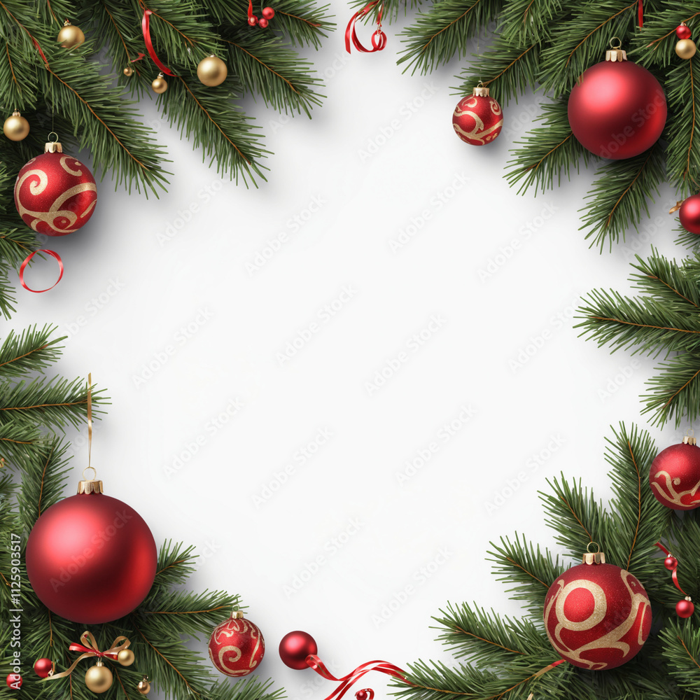 christmas frame with christmas tree branches and balls on white background christmas frame with christmas tree branches and balls on white background