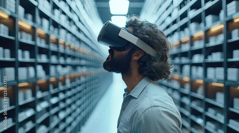 A man uses VR glasses to connect with cloud technology, exploring vast databases, illustrating the intersection of innovation and data accessibility. A man uses VR glasses to connect with cloud technology, exploring vast databases, illustrating the intersection of innovation and data accessibility.