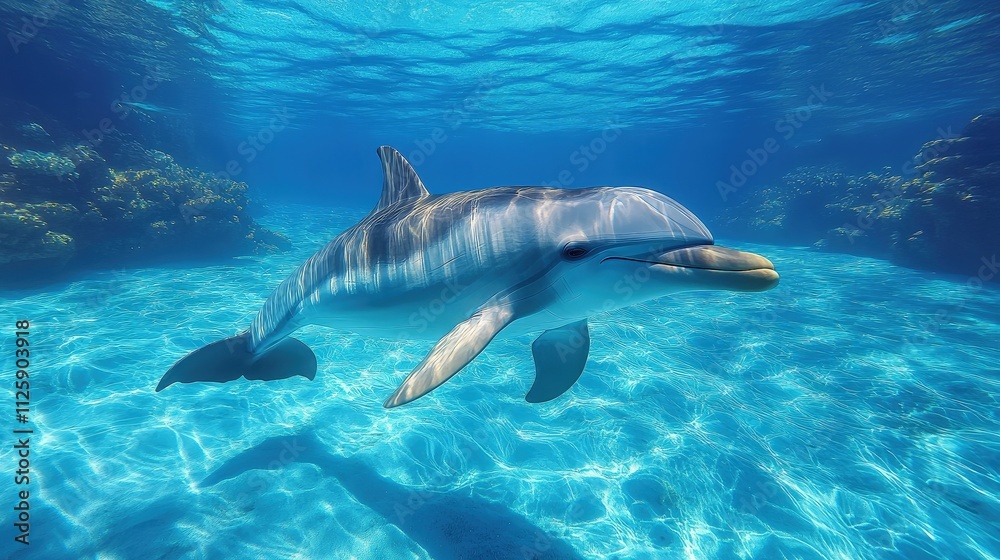 Fototapeta premium Dolphin swimming in clear ocean water near coral reef.