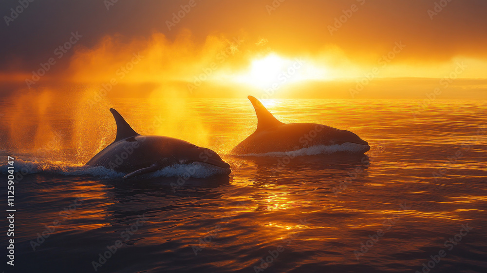Obraz premium A pod of whales breaking the ocean surface, with mist rising against the golden horizon