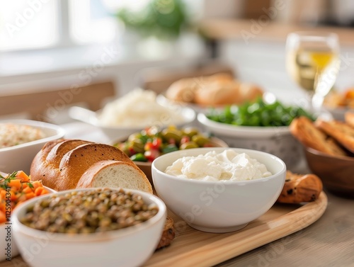 A traditional Jewish meal with kosher-certified food, focusing on kosher compliance and Jewish religious practices, emphasizing kosher food safety and dietary guidelines photo