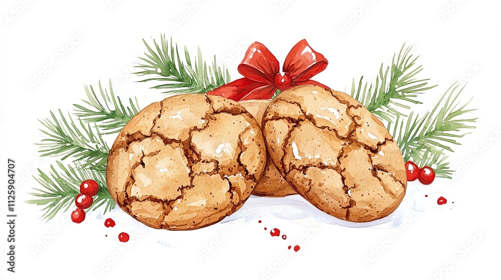 Delicious cookies adorned with a festive ribbon and pine branches on a white background. Delicious cookies adorned with a festive ribbon and pine branches on a white background.