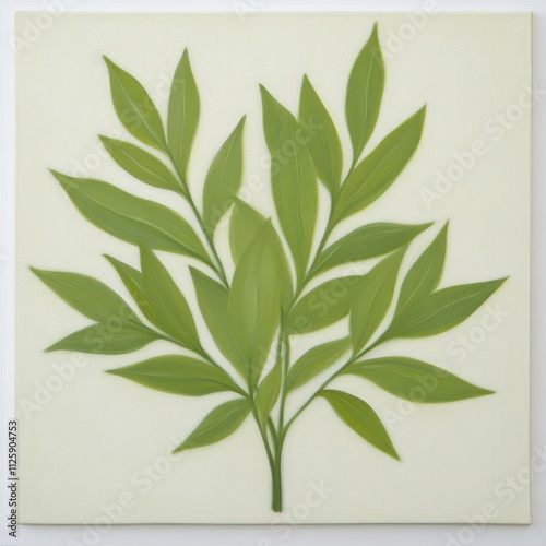 A stylized depiction of green leaves arranged on a light background.