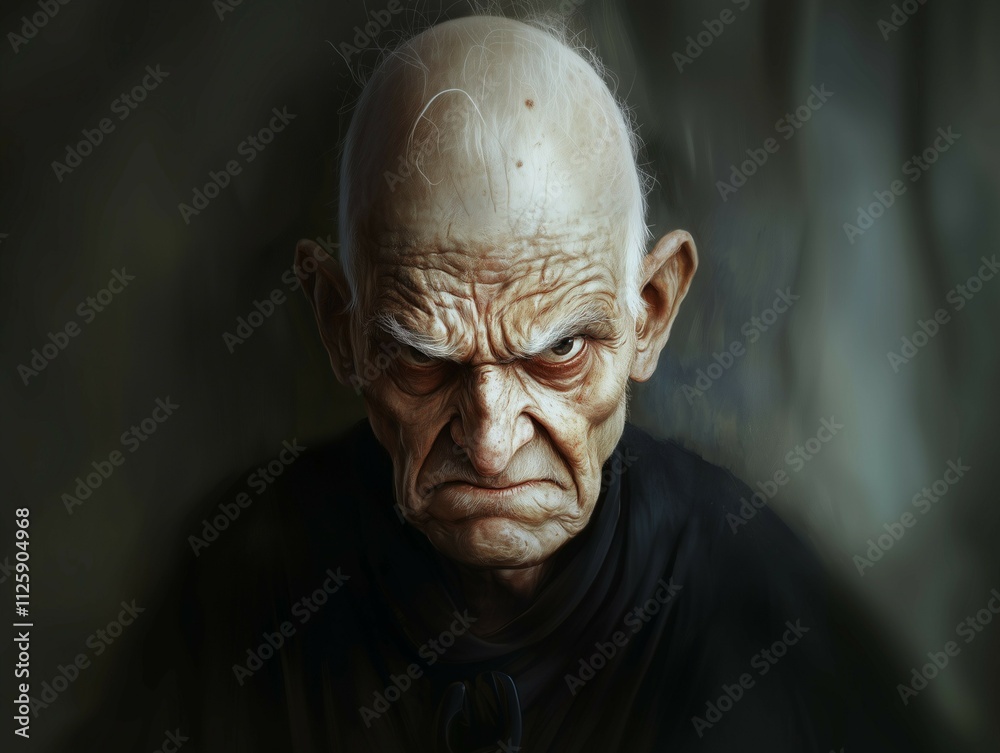 An elderly man with a bald head and wispy white hair on the sides. His facial expression is intense and angry An elderly man with a bald head and wispy white hair on the sides. His facial expression is intense and angry