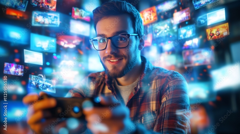 Caucasian Man Entranced by 3D Cyberspace of Social Media,Video Games,and Internet Content Caucasian Man Entranced by 3D Cyberspace of Social Media,Video Games,and Internet Content