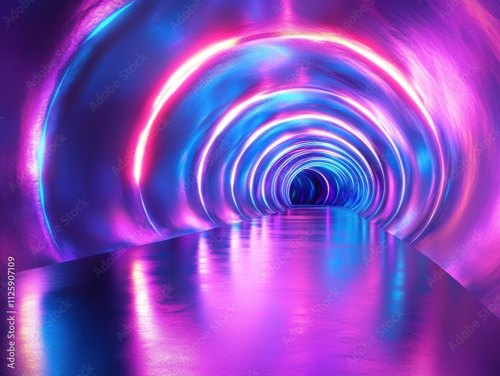 A vibrant, illuminated tunnel with reflective surfaces and colorful lights.