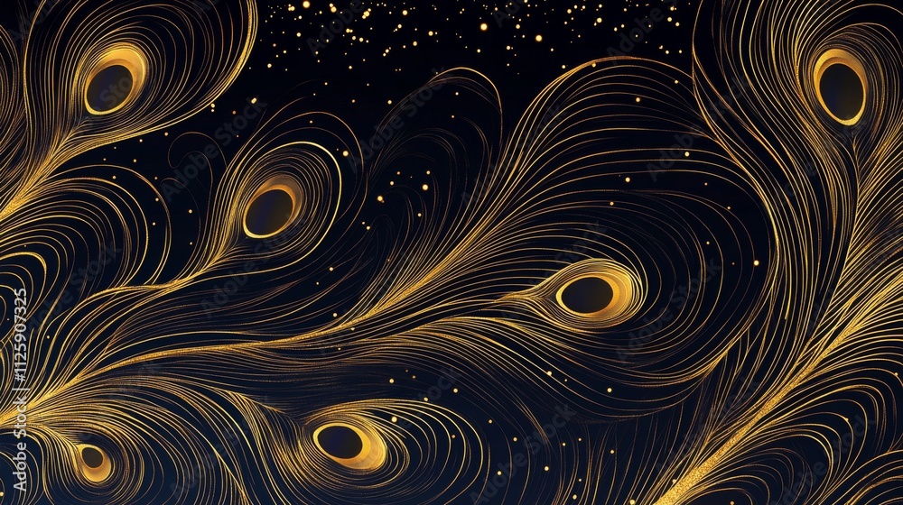 79.Luxurious pattern of flowing line art peacock feathers, with each feather's curve highlighted by gold glitter; the delicate, glowing lines create a sense of movement and texture, making an 79.Luxurious pattern of flowing line art peacock feathers, with each feather's curve highlighted by gold glitter; the delicate, glowing lines create a sense of movement and texture, making an