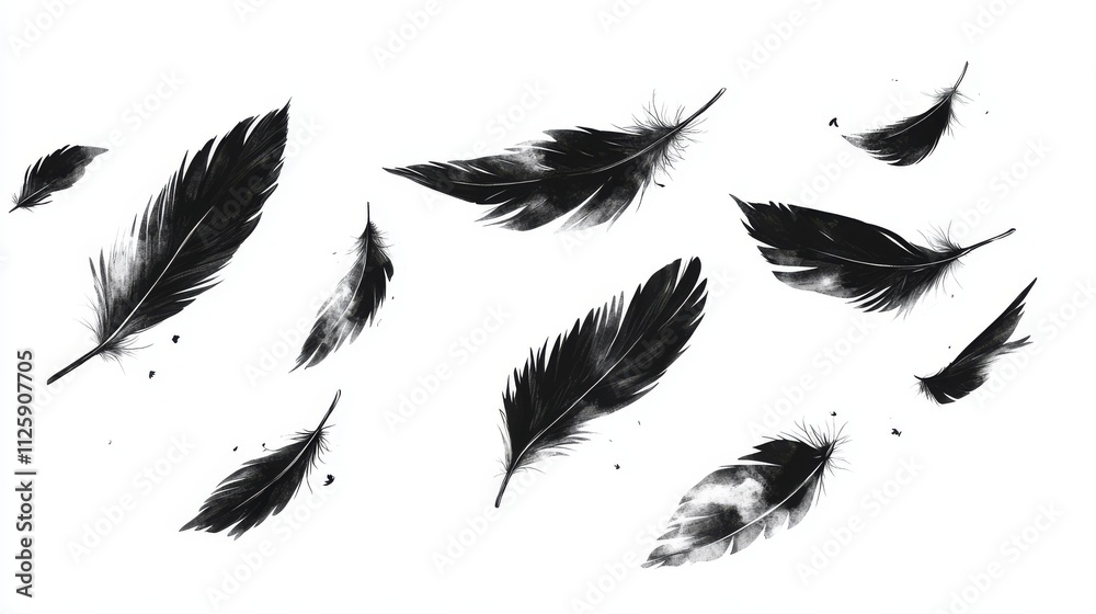 82.Illustration of floating black feathers with broken tips, isolated on a white background; the feathers vary in size and orientation, giving a sense of gentle movement as they drift across the 82.Illustration of floating black feathers with broken tips, isolated on a white background; the feathers vary in size and orientation, giving a sense of gentle movement as they drift across the