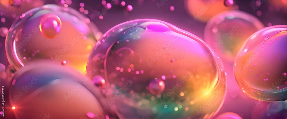 A magical animation of glowing, sparkling serum cells floating in a vibrant, colorful liquid A magical animation of glowing, sparkling serum cells floating in a vibrant, colorful liquid