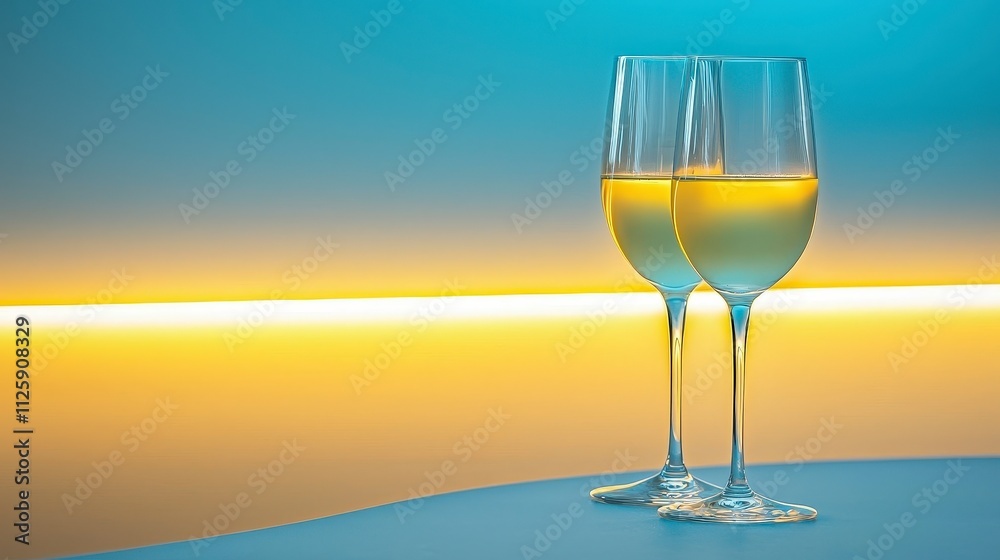Two Glasses of White Wine Elegant Bar Setup Yellow and Blue Background Two Glasses of White Wine Elegant Bar Setup Yellow and Blue Background