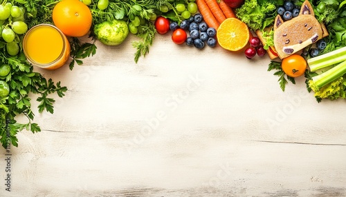 Healthy kids lunch with fruits, vegetables, juice, and fun animal sandwich on wooden background. photo