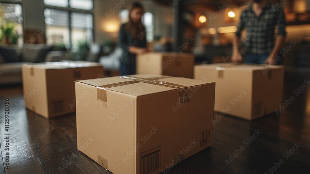 Two people unpacking cardboard boxes in a cozy indoor setting. Two people unpacking cardboard boxes in a cozy indoor setting.