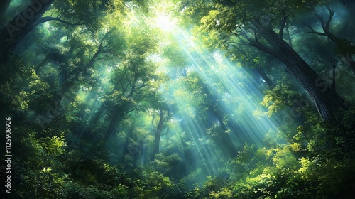 A mystical forest with beams of light filtering through the trees