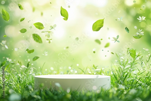 Vibrant scene featuring a circular white podium set on lush green grass, with delicate leaves floating and swirling in the air