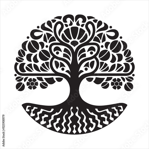 a mandala tree vector silhouette design on white background