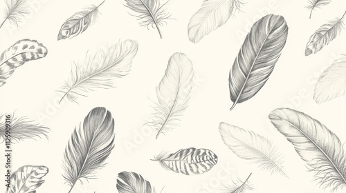 1.Delicate hand-drawn feather illustrations on a white background, arranged in an organic scattered pattern; fine lines capturing the detailed barbs and contours of each feather, creating a light and