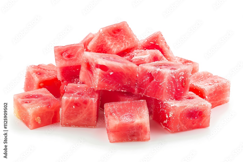Pile of cubed watermelon on white. Refreshing summer food concept. Suitable for food blogs, healthy eating posts, or fruit advertisements Pile of cubed watermelon on white. Refreshing summer food concept. Suitable for food blogs, healthy eating posts, or fruit advertisements