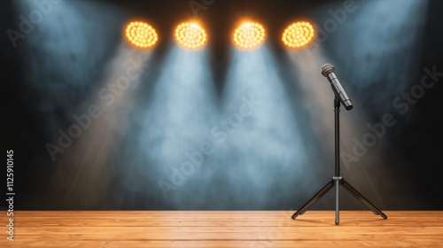 Microphone on stage under bright lights photo