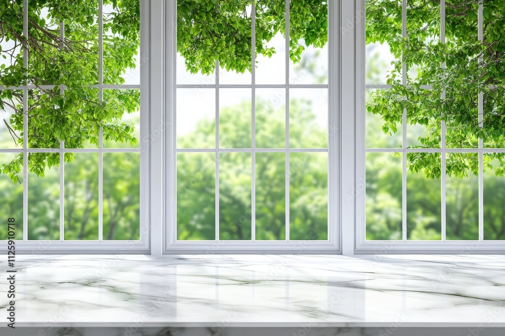 Marble surface near a window overlooking lush green trees. Marble surface near a window overlooking lush green trees.
