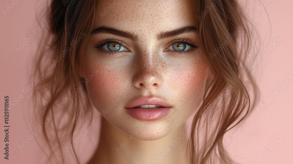 Close-up portrait of a young woman with freckles and light makeup against a pink background. Close-up portrait of a young woman with freckles and light makeup against a pink background.
