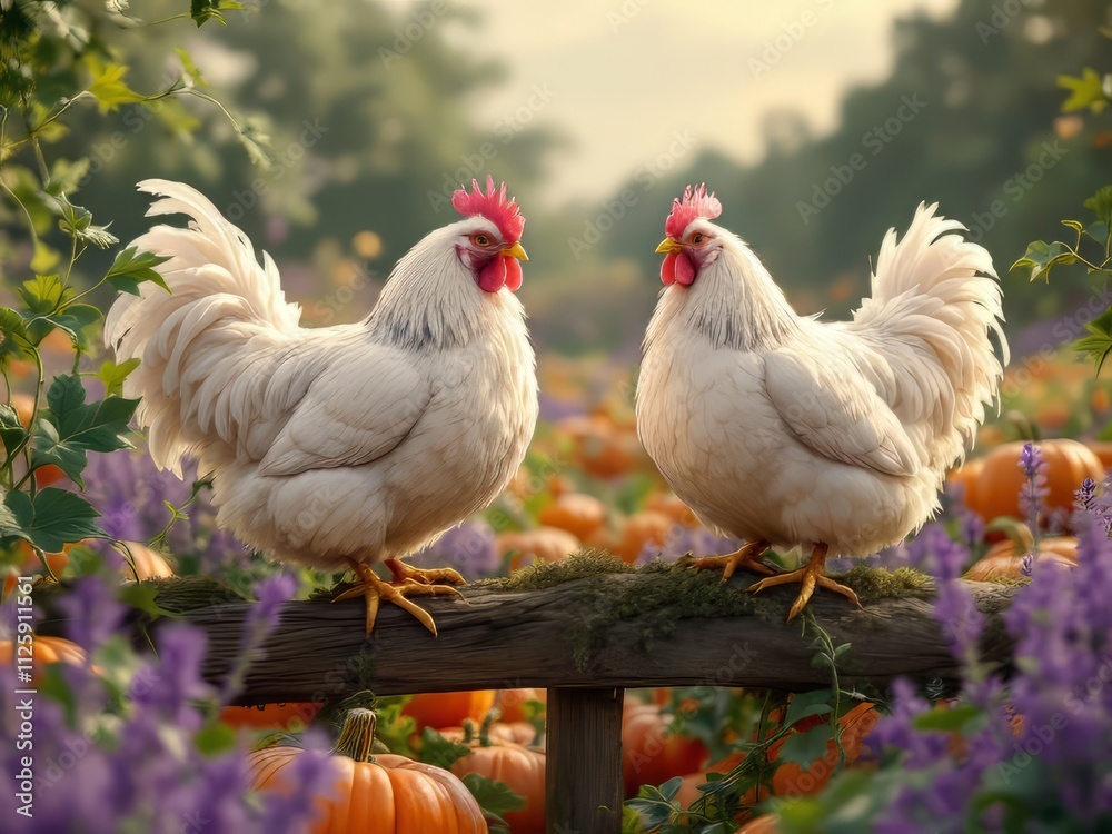 Fototapeta premium Panoramic view: Lavender Orpingtons foraging near pumpkins.
