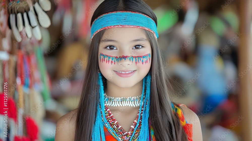 Happy Girl in Vibrant Ethnic Costume at Market Happy Girl in Vibrant Ethnic Costume at Market