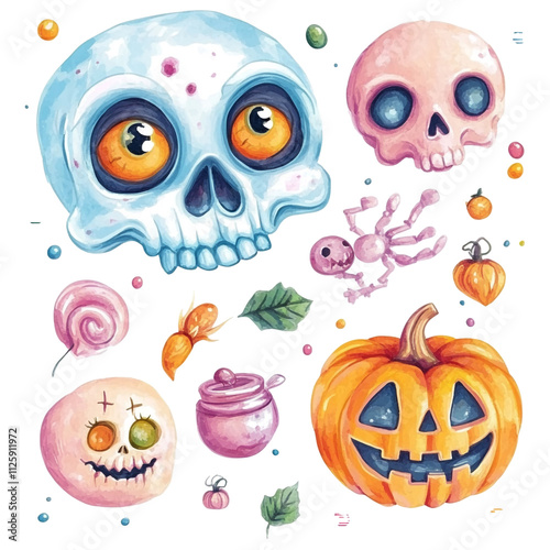 Whimsical Halloween Illustration: Spooky Cute Skulls, Pumpkins, and Candy photo