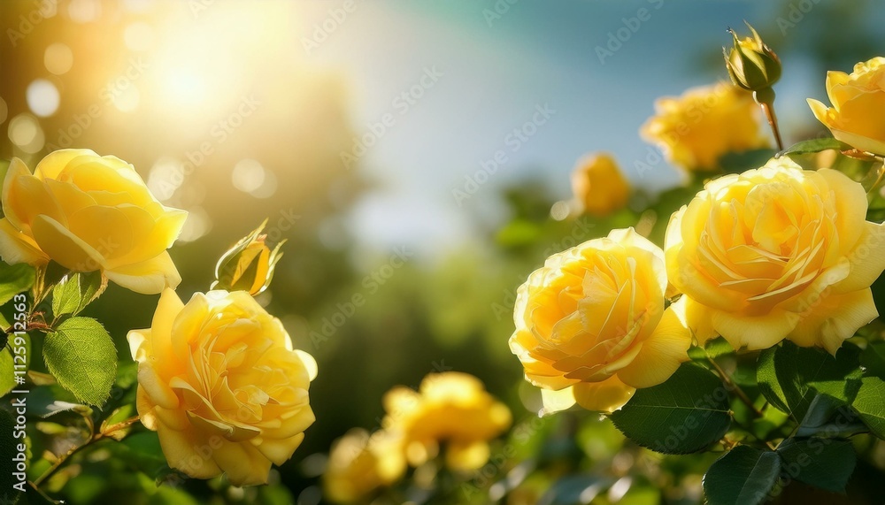 Fresh yellow roses in green sunny garden banner.Generated image