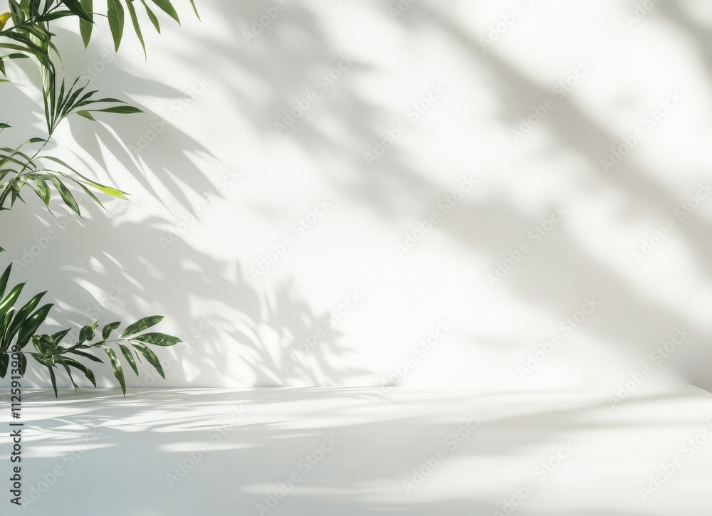 White background with plant shadows and copy space. White background with plant shadows and copy space.