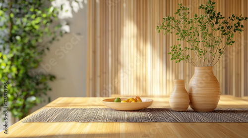 bamboo eco-friendly furniture Concept. vibrant bamboo dining table with eco friendly decor photo