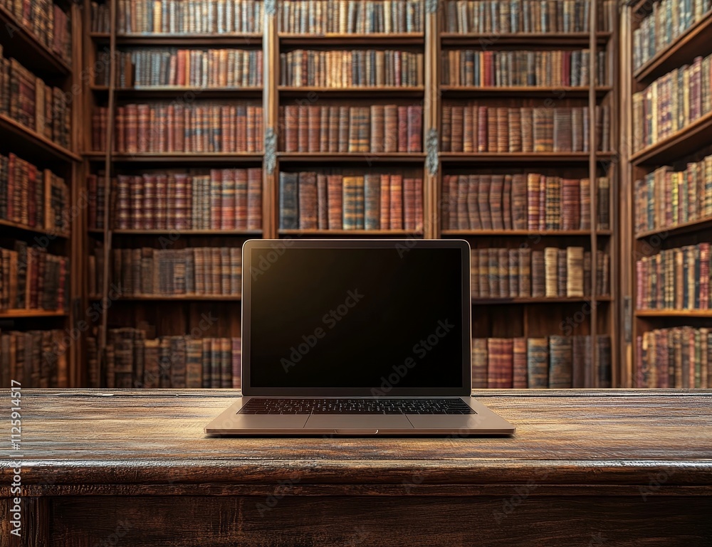 Laptop with blank screen on wooden desk in antique library. (1) Laptop with blank screen on wooden desk in antique library. (1)
