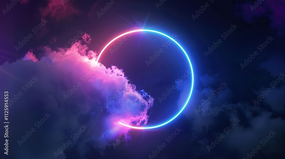 Abstract Cloud Illuminated by Neon Light Ring on Dark Night Sky, with Glowing Geometric Shape and Round Frame, Creating a Mysterious and Futuristic Scene. Abstract Cloud Illuminated by Neon Light Ring on Dark Night Sky, with Glowing Geometric Shape and Round Frame, Creating a Mysterious and Futuristic Scene.