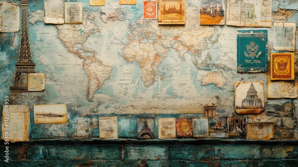 Fototapeta premium A vintage-style world map adorned with travel memorabilia and postcards.