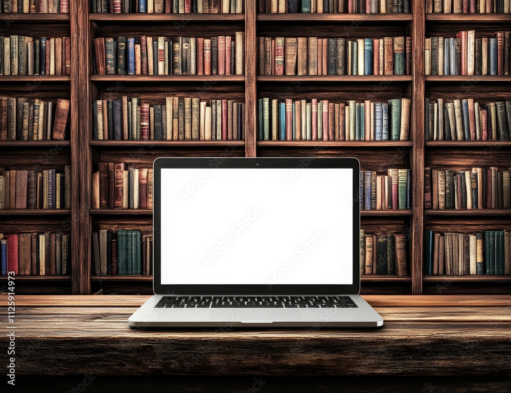 Laptop with blank screen on wooden desk in library. Laptop with blank screen on wooden desk in library.