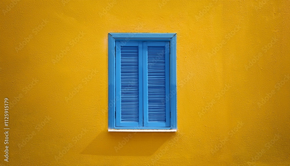 Fototapeta premium Blue window on yellow wall.Generated image
