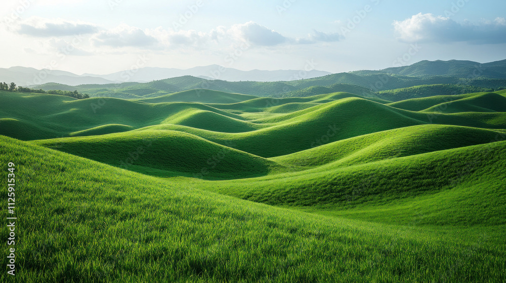 Nature background featuring rolling hills covered in soft green grass under a clear sky Nature background featuring rolling hills covered in soft green grass under a clear sky