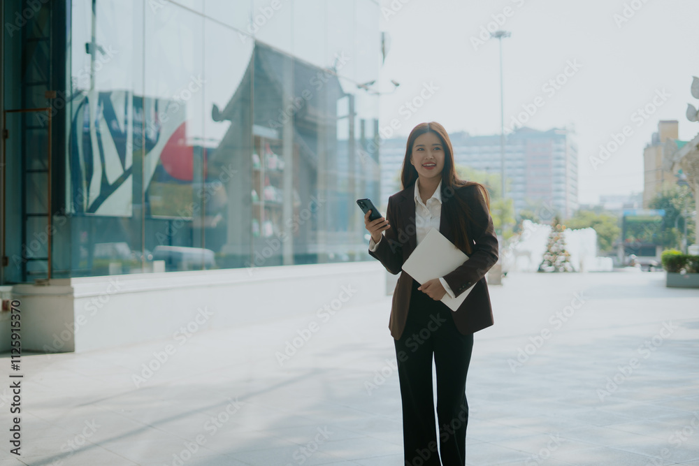 A cool Asian businesswoman walks confidently in a vibrant urban community, reflecting a modern and successful entrepreneur. A cool Asian businesswoman walks confidently in a vibrant urban community, reflecting a modern and successful entrepreneur.