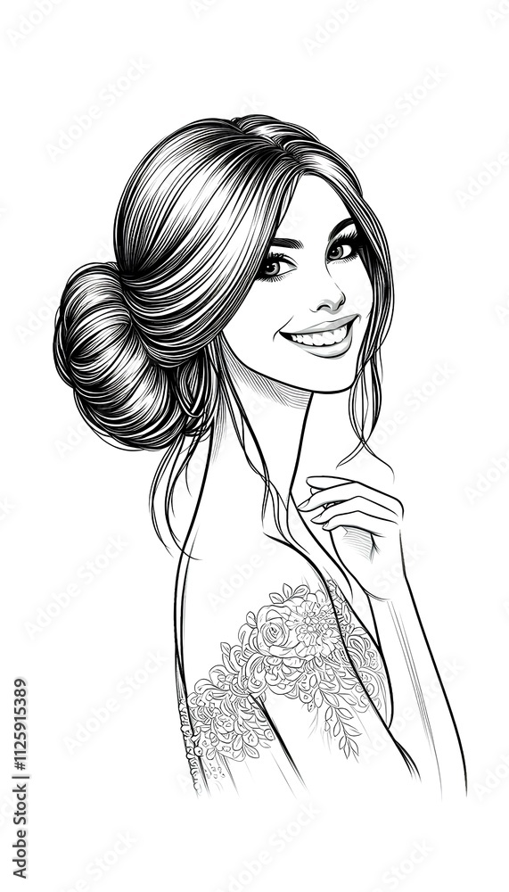 a beautiful smiling bride with straight, long brunette hair, side view angle, line art a beautiful smiling bride with straight, long brunette hair, side view angle, line art